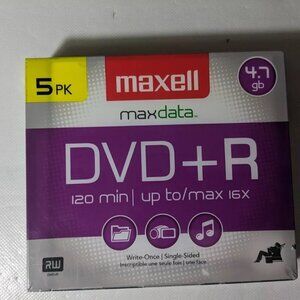 NEW- Maxell DVD+R 5 Pack 4.7 gb Up To Max 16x 120 min Single-Sided Write Once
